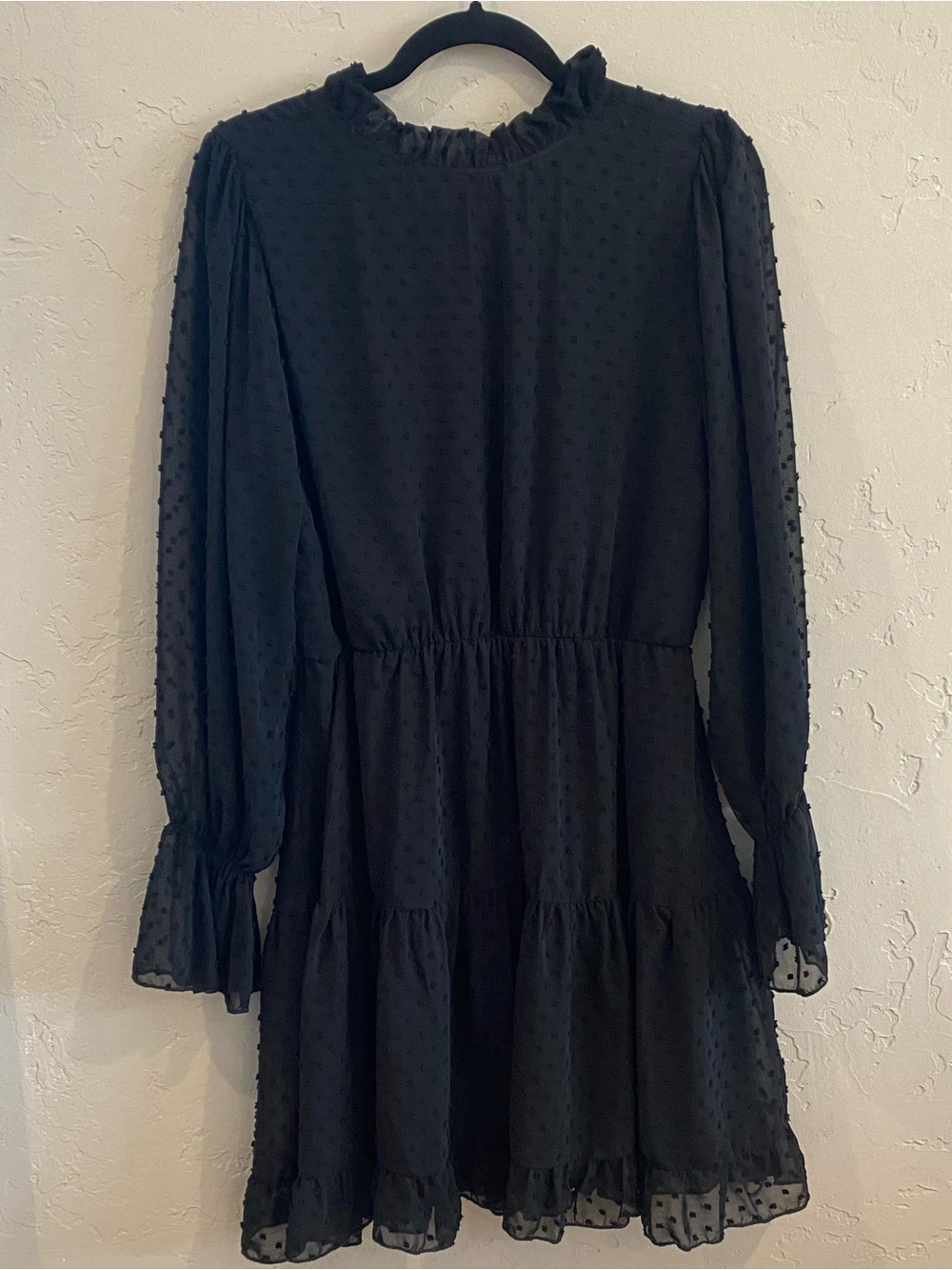 Black Swiss Dot Ruffle Neck Long Sleeve Dress, with Tiers. Sample Sz. SM/M NWOT